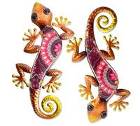 HONGLAND Metal Outdoor Wall Decor 2Pcs Gecko Wall Decoration Lizard Metal Hanging Wall Art Glass Sculpture for Garden Yard Patio Fence (Red)