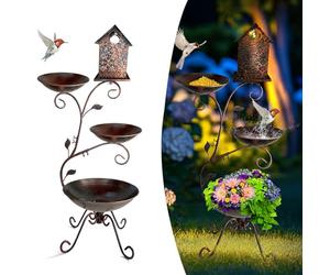 HONGLAND Solar Bird Bath for Outside, 37" Height Metal Bird Baths with Bird House, Bird Feeder, Plant Pot, Garden/Patio/Backyard Decor- Antique Brass(4 in 1 Solar Bird Bath)