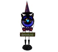 HONGLAND Solar Halloween Decoration Outdoor - Metal Black Cat Statues with Witch Hat, Spooky Cat Figurine with LED Lights, 24" H