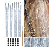 Hongma Hair Tinsel Extensions, 800 Strands Silver, Hair Decoration Kit with Crochet Hook, Silicone Micro Rings, for Women Girl Hair