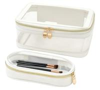 Hongmeru Clear Makeup Bag with Brush Bag, Make up Organizer with Gift Box, Transparent Cosmetic Case for Women, Travel Toiletries Bag with Golden Zippers, Portable Waterproof Toiletry Bag(White)