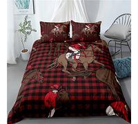 HONGNIU Red Plaid Horse Racing Bedding Single Duvet Cover Set Breathable Soft Comfortable Hypoallergenic Microfiber with Zipper Closure Duvet Cover for Boy Girls Baby and Teens + 1 Pillowcases