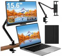 HONGO 15.6 Inch Portable Monitor, 1080P FHD IPS Laptop Screen Extender, Clamp Desk Mount Second Screen with Speakers, USB-C HDMI Plug & Play Monitor for Laptop Phone Game Consoles