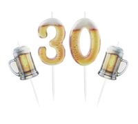 Hongplus 3Pcs Printed Beer Theme 30th Birthday Candle Set for Cake, Number 30 Beer Candles & 2 Beer Mug Candles, Beer Fun Cake Topper for Men Women 30th Birthday Party Decorations