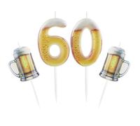 Hongplus 3Pcs Printed Beer Theme 60th Birthday Candle Set for Cake, Number 60 Beer Candles & 2 Beer Mug Candles, Beer Fun Cake Topper for Men Women 60th Birthday Party Decorations