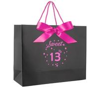 Hongplus Black with Hot Pink Sweet 13th Birthday Gifts Bag with Greeting Handles and Ribbon for Girls 13 Year Old Birthday Gifts Wrapping Bag for Party Favors Goodie Wrapping Bag Decorations Supplies