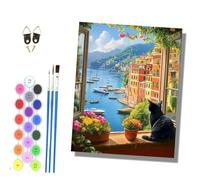 HONGPZH Paint by Numbers for Adults and Beginner Painting by Number Kits On Canvas Without Frame Color Oil Painting Acrylic Paints Wall Decor 40x50cm Black cat Looking at the sea View from the Window