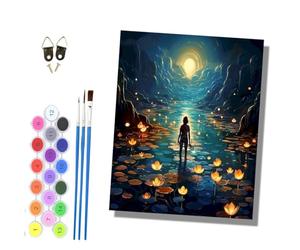 HONGPZH Paint by Numbers for Adults and Beginner Painting by Number Kits On Canvas Without Frame Painting Acrylic Paints Home Wall Decor 40x50cm/16x20in A Figure in the Lotus Pond Under the Moonlight