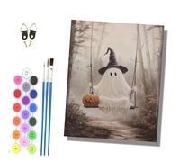 HONGPZH Paint by Numbers for Adults and Beginner Painting by Number with Frame Oil Paintings on Canvas House Wall Decor 16x20in Ghosts and Pumpkins on the Swing