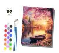 HONGPZH Paint by Numbers for Adults and Beginner Painting by Number Without Frame Oil Paintings on Canvas House Wall Decor 16x20in A Small Boat on Cherry Blossom Lake at Sunset