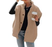 Hongqizo Womens Fuzzy Fleece Vest Casual Oversized Warm Button Down Sherpa Vest Jacket with Pockets, Khaki, Large
