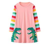 Hongshilian Girls Cartoon Dress Applique Party Dresses Casual Jersey Cotton Long-Sleeved, Dinosaurs & Pink, 5 Years