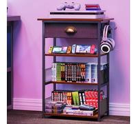 Hongtamoya 4-Tier AV Media Stand with Drawer, Video Game Console Shelf with 2 Hooks, Audio Rack Tower Perfect for/Xbox/ PS5/Switch/Game Consoles/DVD/Record Player/Projector/Sky Box/TV Accessories