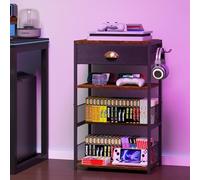 Hongtamoya 4-Tier AV Media Stand with Drawer, Video Game Console Shelf with 2 Hooks, Audio Rack Tower Perfect for/Xbox/ PS5/Switch/Game Consoles/DVD/Record Player/Projector/Sky Box/TV Accessories