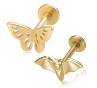 HONGTU implant 2pcs Helix Piercing Jewelry,Cute Gold Butterfly and Bat Internally Threaded Tragus Cartilage Helix Studs Lobe Earrings,316L Surgical Steel Gold Flat Back Lip Rings for Unisex.