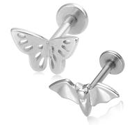 HONGTU implant 2pcs Helix Piercing Jewelry,Cute Silver Butterfly and Bat Internally Threaded Tragus Cartilage Helix Studs Lobe Earrings,316L Surgical Steel Silver Flat Back Lip Rings for Unisex.