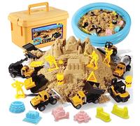 HONGTUO Play Construction Sand Kit, 2.2lbs Magic Sand, Inflatable Sandbox | 8 Alloy Construction Vehicles, 8 Worker Figures, Road Signs, 6 Castle Molds, Storage Box, Sensory Toys, Gift for Kids Ages 3+