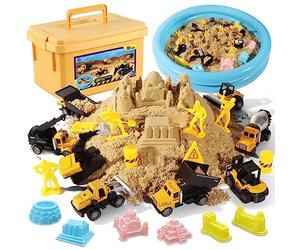 HONGTUO Play Construction Sand Kit, 2.2lbs Magic Sand, Inflatable Sandbox | 8 Alloy Construction Vehicles, 8 Worker Figures, Road Signs, 6 Castle Molds, Storage Box, Sensory Toys, Gift for Kids Ages 3+