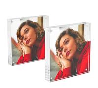 Hongtuocb 2 Pack Acrylic Picture Frame 5x5,Double Sided Magnetic Freestanding 24mm Thick Blocks Frameless Clear Picture Frame