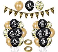Hongyantech 15 Years Birthday Boy Girl Decorations, 23 Pieces Black Gold Latex Balloons, Triangle Happy 15th Birthday Garlands, 2 Ribbons