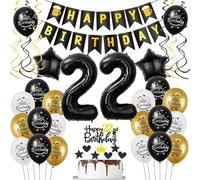 Hongyantech 22nd Birthday Balloon Decoration, Black & Gold, Number 22 Foil Balloon, 35 Pieces, Unisex, Adult, 22 Years Old
