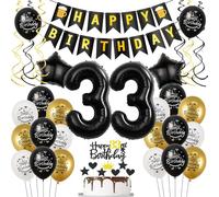 Hongyantech 33rd Birthday Decoration Set, Black Gold Foil Balloons, Happy Birthday Banner, Latex Balloons, Confetti Balloons, Cake Topper, Hanging Decorations