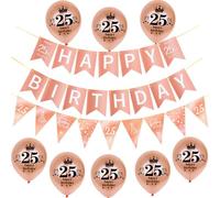 Hongyantech Rose Gold 25th Birthday Banner Set + Triangle Banner + 8 Balloons + Ribbon