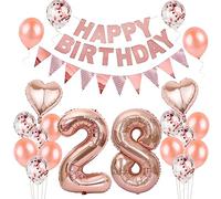 Hongyantech Rose Gold 28th Birthday Woman Set, Includes 28 Digital Number Balloons, Pink Girls Happy Birthday, Ribbon, Confetti & Latex Balloons, Reusable