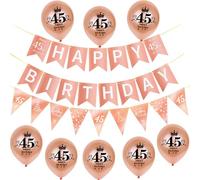Hongyantech Rose Gold 45th Birthday Banner Set + Triangle Banner + 8 Balloons + Ribbon