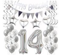 Hongyantech Silver 14th Birthday Decoration, Includes Balloons, Banner, Confetti & Hanging Decorations, Unisex Kids Party Decoration