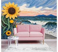 HongYouQi 3D Wallpaper Sunflowers Beach Waves Coastal Scenery | Modern Luxurious Decorative Textures Suitable For Offices Study Areas Homes Bedroom Living Rooms Tv Feature Walls-150cm×105cm