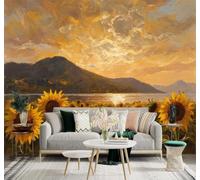 HongYouQi 3D Wallpaper Sunset Mountain Peaks Lakes Sunflowers | Modern Luxurious Decorative Textures Suitable For Offices Study Areas Homes Bedroom Living Rooms Tv Feature Walls-200cm×140cm