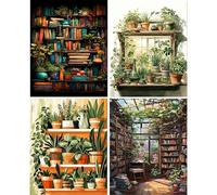Hongyrjy 4 Pack Plant Diamond Painting,Diamond Art Kits Adults,Bookshelf 5D Diamond Painting Kits for Adults,Plant Gem Art Kits Adult and Crafts Home Decor 12x16inch