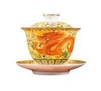 HonHeam Dragon White Porcelain Gaiwan, Chinese Embossed Dragon Style White Ceamic Gaiwan, Kung Fu Tea Bowl Traditional Tea Cup (Yellow Dargon)
