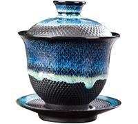 HonHeam Kiln Glazed Ceramic Gaiwan, Kungfu Porcelain Teacup, Chinese Retro Teacup, Sancai Gaiwan with Saucer with Lid