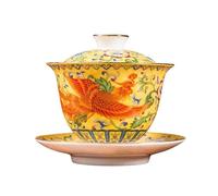 HonHeam Phoenix White Porcelain Gaiwan, Chinese Embossed Dragon Style White Ceamic Gaiwan, Kung Fu Tea Bowl Traditional Tea Cup (Yellow Phoenix)