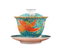 HonHeam Phoenix White Porcelain Gaiwan, Chinese Embossed Dragon Style White Ceamic Gaiwan, Kung Fu Tea Bowl Traditional Tea Cup (Blue Phoenix)
