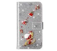 HONHULEE Christmas Wallet Case Compatible with Samsung Galaxy A22 5G,Glitter PU Leather Flip Case TPU Bumper Stand Cover Kickstand Full Protective Phone Case for Galaxy A22 5G - Silver