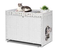 Honiakaka Cat Litter Box Enclosure with Soft Litter Mat; Hidden Cat Washroom Furniture with Door; Handwoven Rattan Cat House with Large Space; Pet Crate for Living Room, Bedroom, Balcony (White)