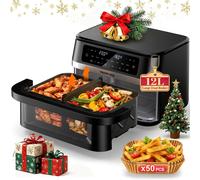 HoninJoy 12QT Large Dual Basket Air Fryer with Flex Basket, Viewing Window and 50PCS Paper Liners, 12-in-1 Family Size with Sync & Dual & Light, Double Zone for Bake, Roast, Reheat, Dishwasher Safe