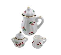 HONITANO 2 Sets Miniature Ceramic Cherry Teapot with Small Tea Cups and Storage Tray, Dollhouse Accessories for Fairy House Decor and Miniature Life Scene