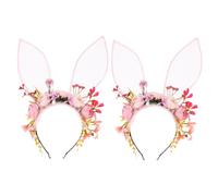 HONITANO 2pcs Bunny Ear Headbands with Floral Crown Flocked Faux Flower Rabbit Ears Headpiece Elegant Goddess Headwear for Halloween Birthday Party Costume Accessory