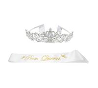 HONITANO 2Pcs Prom Queen Sash and Crystal Rhinestones Crown Set Alloy and Fabric Wedding Headdress with Secure Combs Glamorous Retro Design for Weddings Proms Parties and Costume