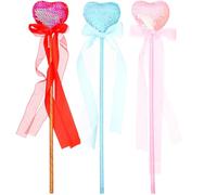 HONITANO 3Pcs Heart-shaped Sequin Fairy Wands for Vibrant Red Pink Blue with Glitter and Satin Ribbon for Dress-up Birthday Parties Cosplay Showers and Weddings