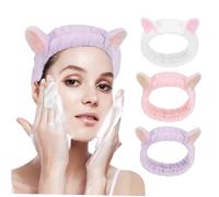 HONITANO 3pcs Velvet Facial Headbands for Women Soft Stretchy Makeup Hairbands with Cute Animal Ears Design for Face Washing Skincare Spa Gentle and Tear Resistant Pastel Pink White Purple