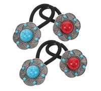 HONITANO 4pcs Bohemian Floral Hair Ties Elastic No Damage Ponytail Holders with Colored Stone Beads Decoration Soft Flower Elastic Bands for Women Dual Red Blue Hair Accessories