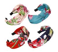 HONITANO 4pcs Bohemian Floral Print Headbands for Women Wide Knot Hair Accessories for Parties Comfortable Cloth Hairbands in Navy Blue Bright Blue Light Pink