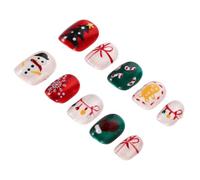 HONITANO Christmas Press On Nails Short Small Size, Removable Snowman and Bell Design, Cat Eye Pattern False Nails Stick On for Holiday Party