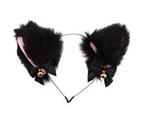HONITANO Cosplay Cat Fox Plush Ears Headband Bell, Black and Pink Bow Hair Ornament, Creative Lovely Hair Hoop for Masquerade Party and Performance