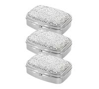 HONITANO Portable Mini Pill Organizer 3pcs with 2 Compartments, Metal and Rhinestone Bling Travel Medicine Case for Daily Use and Purse, Compact Luxury Design